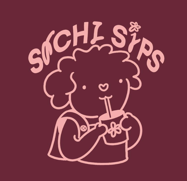 Sachi Sips mascot — a curly-haired poodle character sipping a drink